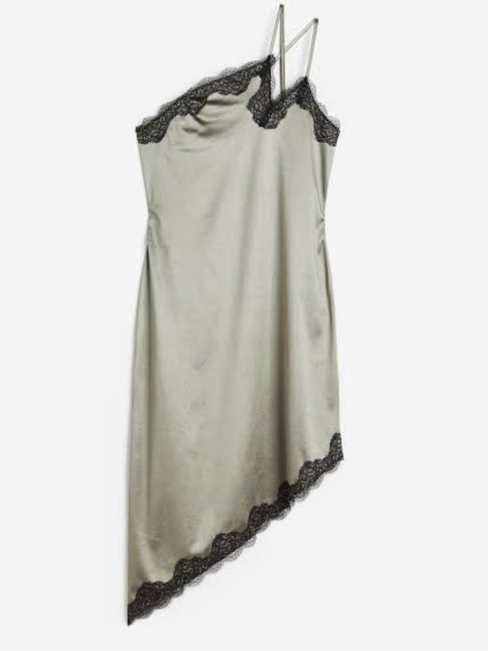 NWT H&M Light Khaki Green One-Shoulder Satin Dress with Black Lace Trim
